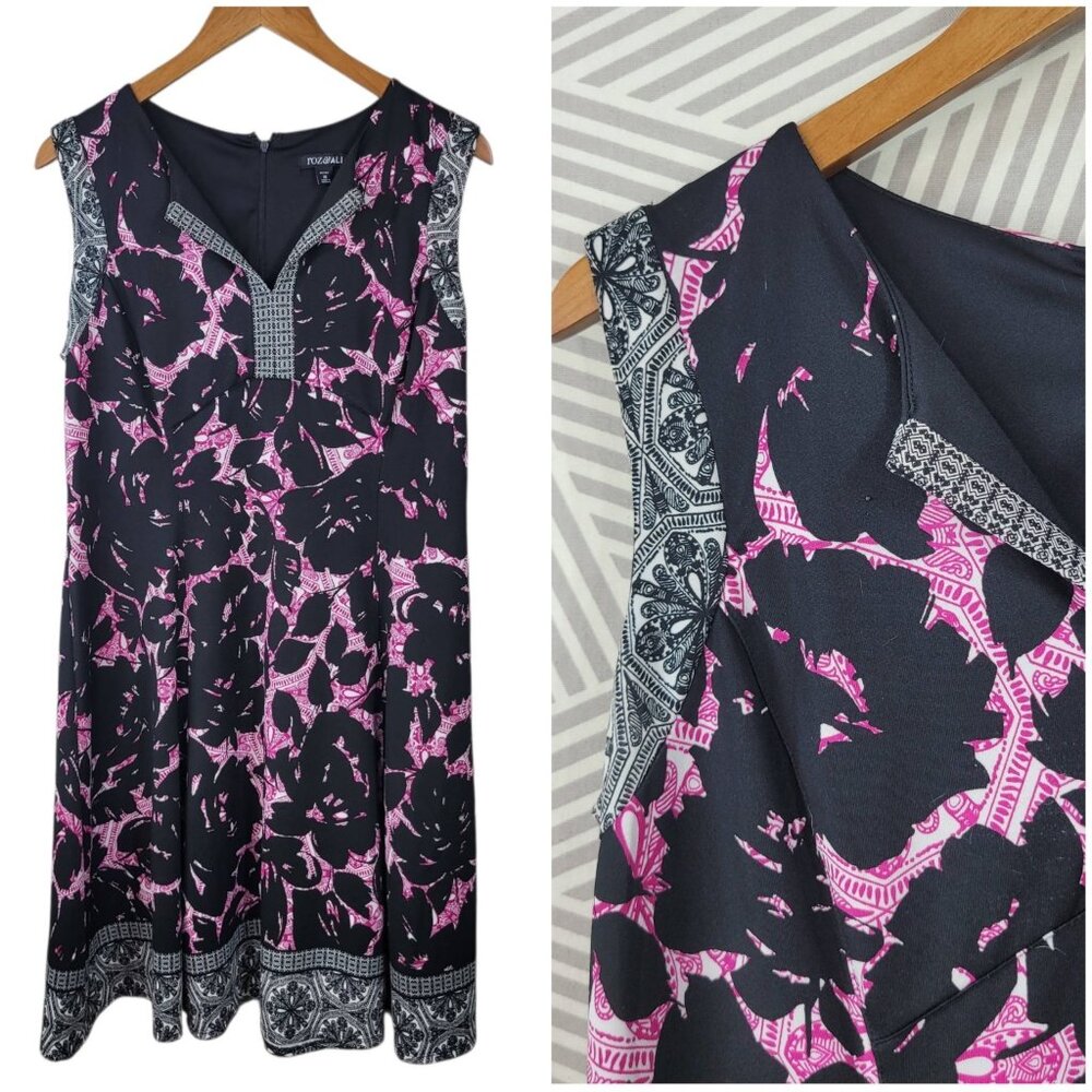 Roz Ali Shirt Dress Size 16 Pe Casual floral Spring Pink Black Leaf Print Knee
